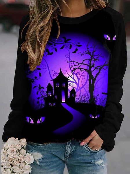 

Halloween Print Ladies Round Neck Long Sleeve Sweatshirt, Color2, Hoodies&Sweatshirts