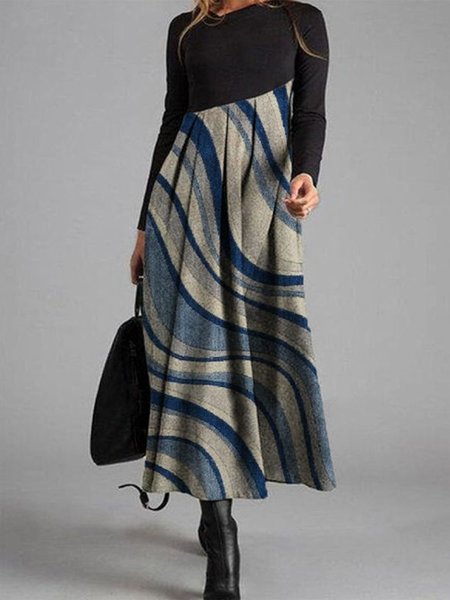

Elegante Colore-block Arte a Righe Stampato Maniche Lunghe Girocollo taglia grande Gonna Casuale, Multicolore, Maxi Dresses