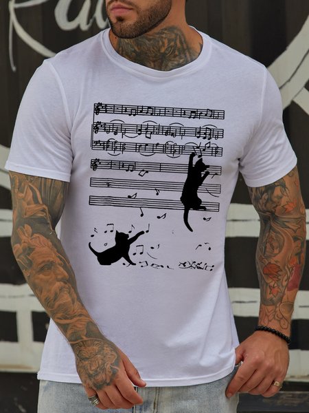 Funny Cat Music Casual Short Sleeve Crew Neck Shirts & Tops, White, T-shirts