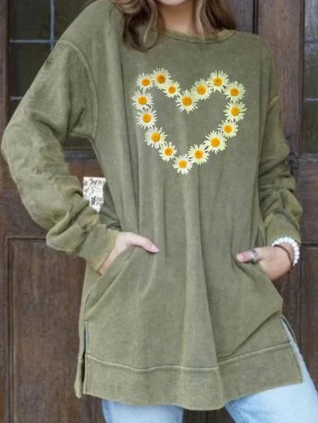 Loosen Crew Neck Floral Printed Green Sweatshirt, Hoodies & Sweatshirts
