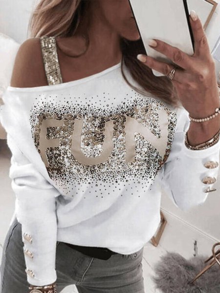 

Letter Long Sleeve Sexy Shirts & Tops, White, Tops