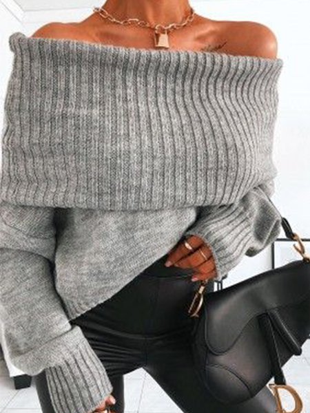 

Skinny Long Sleeve Off Shoulder Lady Solid Sweater, Gray, Pullovers