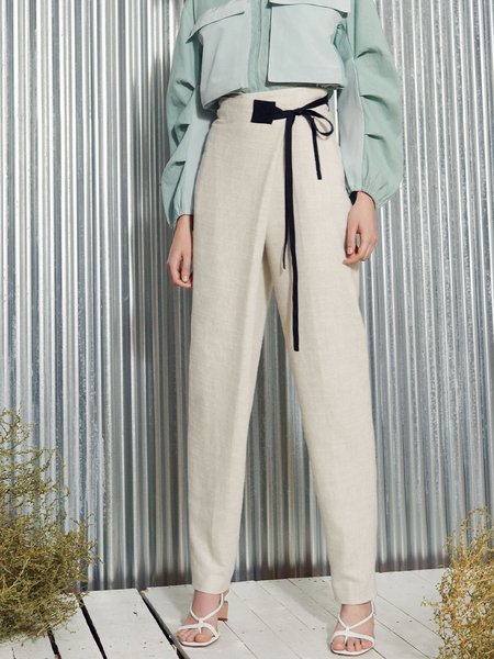 

Long Daily Regular Fit Plain Pants, Beige, Straight Leg Pants