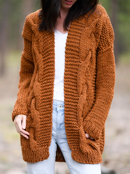 

Casual Solid Color Knitted Chunky Cables Sweater Coat, Yellow, Cardigans