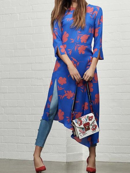 

Regular Fit Floral Elegant Long sleeve Top, Blue, Midi Dresses