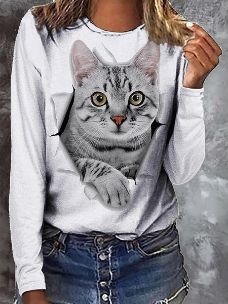 

Cats Printed Long Sleeves Cute Shirts & Tops, White, Tops