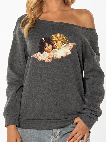 

Unocis Angel Print Crew Neck Long Sleeve Sweatshirt, Gray, Sweatshirts