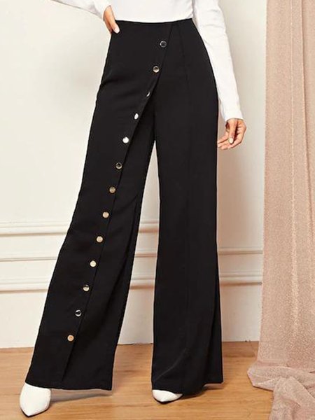 

Elegant Plain Regular Fit Long Pants, Black, Wide Leg Pants