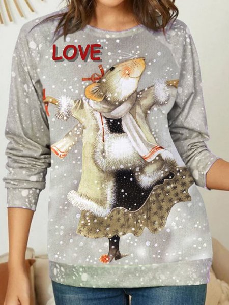 

Long sleeve round neck animal mouse snow landscape printed top sweater, Apricot, Sweatshirts & Hoodies