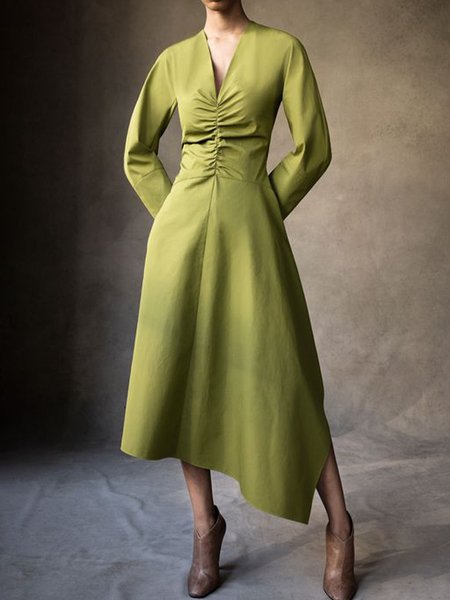 

Long Sleeve Plain V Neck Midi Dress, Green, Midi Dresses