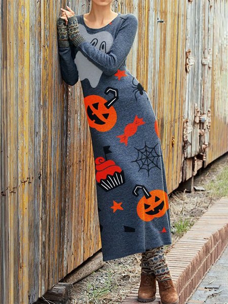 

Vintage Statement Halloween Stampato Scollo a V Maniche Lunghe taglia grande Gonna Casuale, Grigio, Maxi Dresses