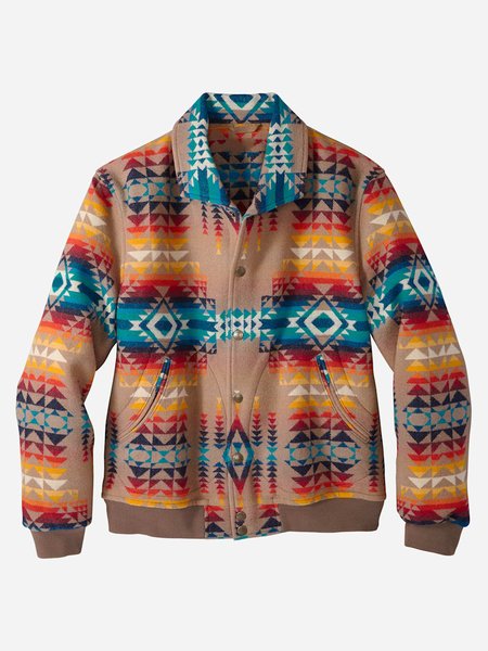 

Native Pattern Lapel Jacket, Khaki, Jackets & Coats
