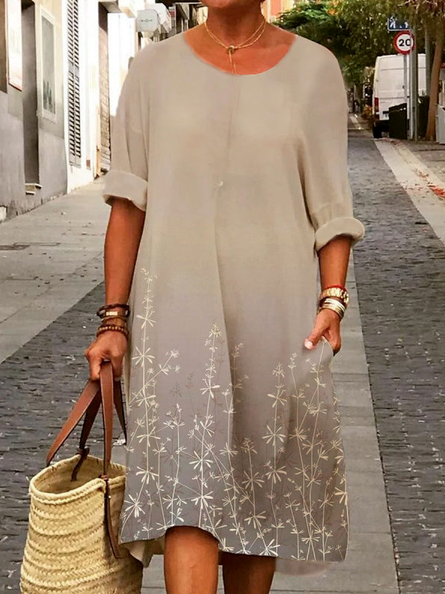 

Plant Flower Print Casual Long-sleeved Shift Dress, Khaki, Floral Dresses
