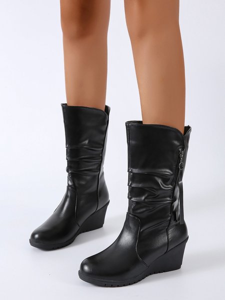 

Simple Pleated Zipper Platform Heel Wedge Boots, As picture, Boots