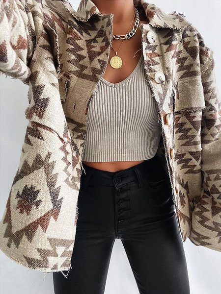 

Loosen Tribal Shirt Collar Outerwear, Off white, Coats