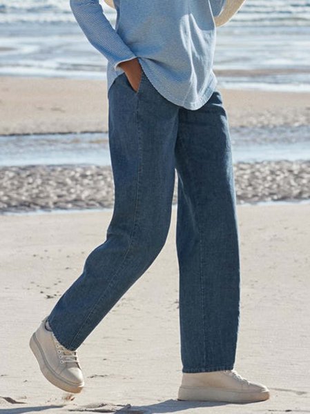 

Plain Denim Casual Pants, Dark blue, Pants