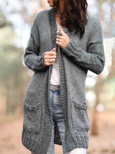 

Casual Solid Color Knitted Pockets Long Sweater Cardigan, Gray, Cardigans