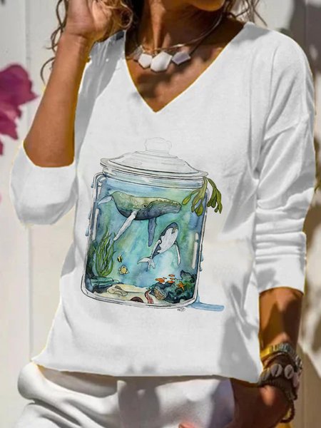 

Long sleeve V-neck solid ocean view whale print t-shirt t-shirt, White, Tees & T-shirts