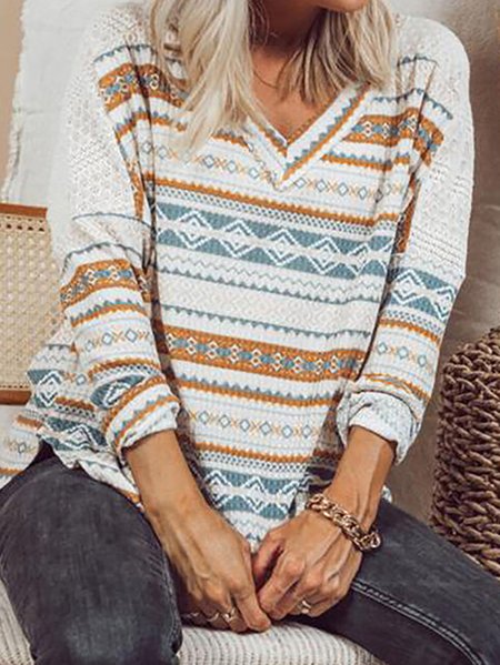 

Striped V-Neck Casual Long Sleeve Blouse, Green, Tops