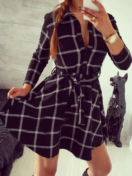 

Shirt Collar Dresses With Belt, Black, Mini Dresses