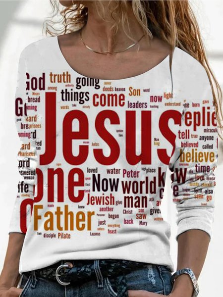 

Long sleeve round neck casual gradient letter top T-shirt, White, Long sleeve tops