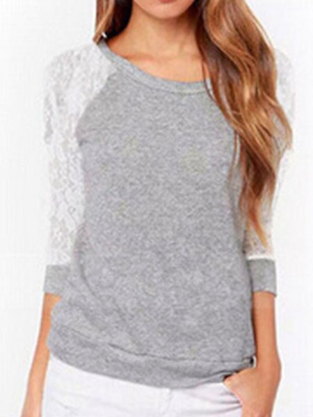 

Pizzo Maniche Lunghe Casuale Girocollo Top, Grigio, T-Shirts
