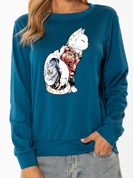 

Unocis Cat Print Round Neck Long-sleeved Sweatshirt, Blue, Sweatshirts