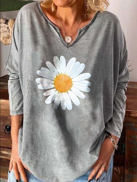 

Floreale Scollo a V Top, Grigio, T-Shirts