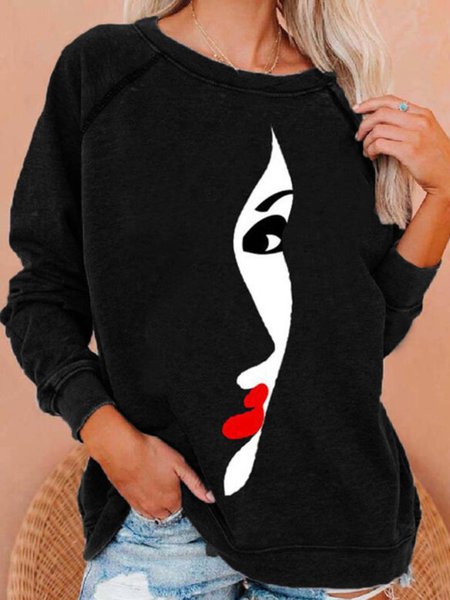 

Casuale Maniche Lunghe Girocollo Stampato Superiore, Nero, Hoodies & Sweatshirts