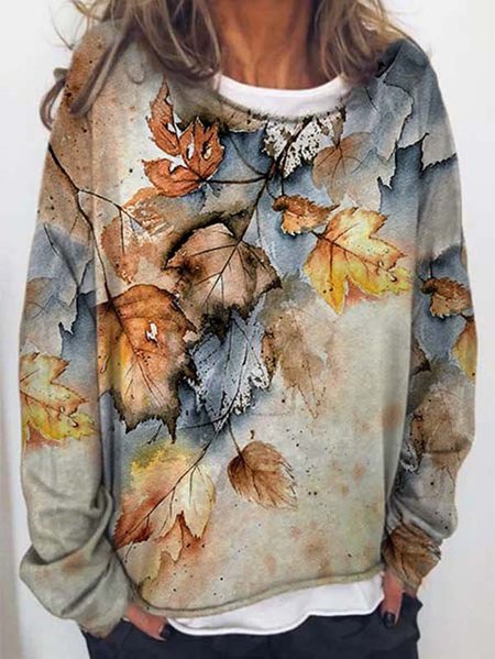 

Fogliame Stampato Girocollo Maniche Lunghe Casuale Top, Come immagine, T-Shirts