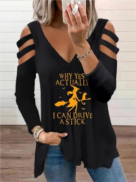

Sexy Letter V Neck Long Sleeve Shirts & Tops, Black, Tops