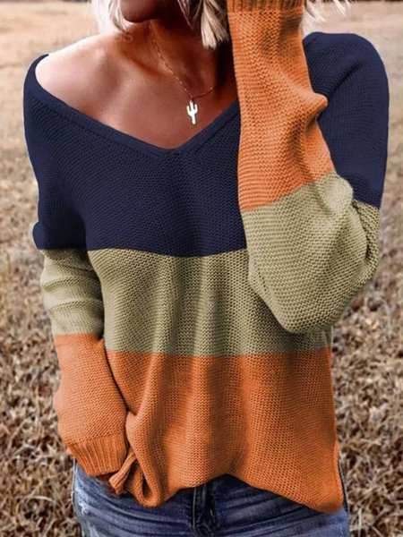 

Casuale Maniche Lunghe Scollo a V Maglione, Multicolore, Sweater