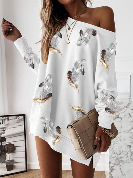 

Feather Printed One Shoulder Sexy Dresses, As picture, Mini Dresses