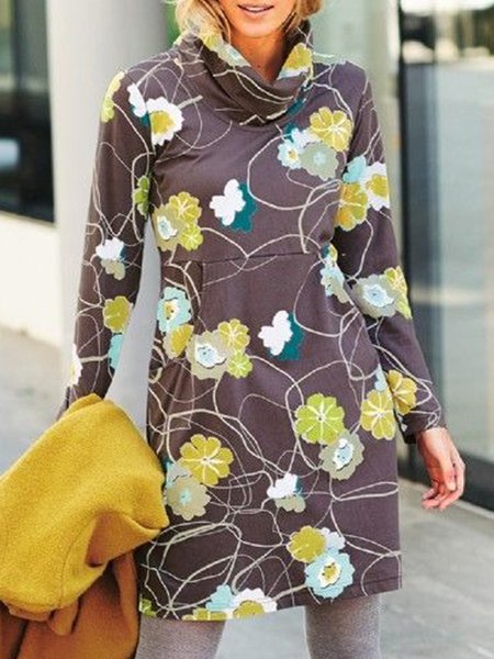 

Vintage Floral Printed Cowl Neck Long Sleeve Plus Size Casual Dresses, Multicolor, Mini Dresses