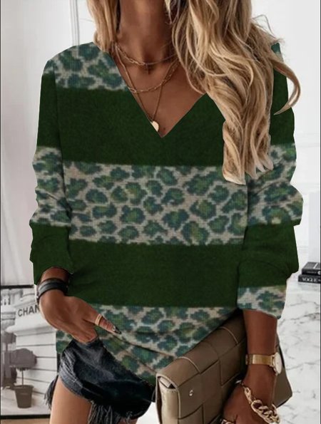 

V Neck Loosen Leopard Shirts & Tops, Green, T-Shirts