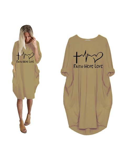 

Crew Neck Long Sleeves Cotton Letter Printed Dresses, Deep khaki, Mini Dresses