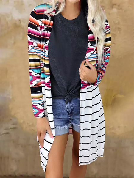 

Aztec Geometric Striped Printed Long Sleeve Casual Cardigan, White, Cardigans