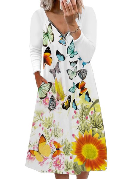 

Butterfly Casual Dresses, White, Midi Dresses