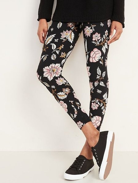 

Casual Cotton Blends Floral Pants, Black, Leggings