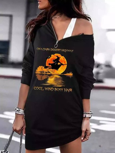 

Casual Long Sleeve Printed Knitting Dress, Black, Mini Dresses