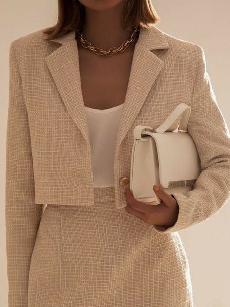 

Elegant Plain Crop Long Sleeve Jacket, Light khaki, Blazers