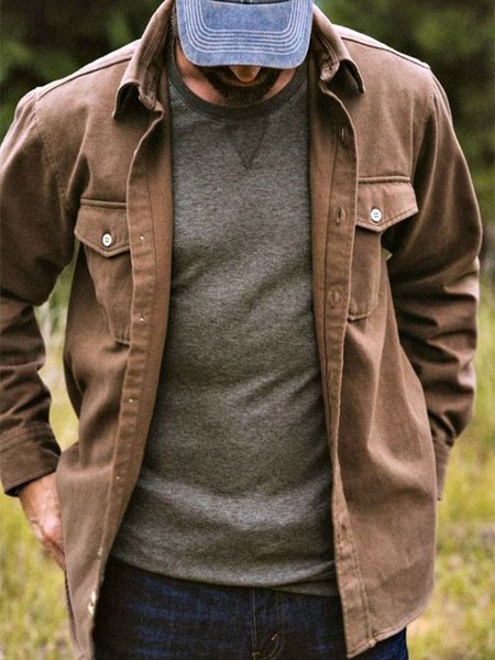 

Outdoor Solid Cotton Long Sleeve Overshirt, Brown, Jackets & Coats
