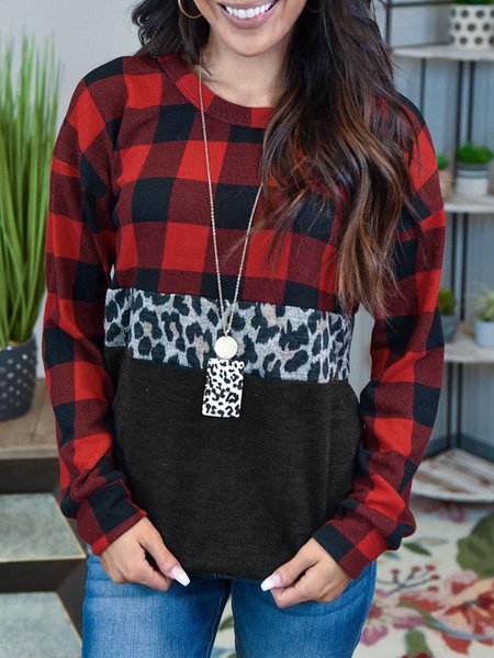 

Casual Grid Leopard Crew Neck Off Shoulder Shirts & Tops, Black-red, Tees & T-shirts