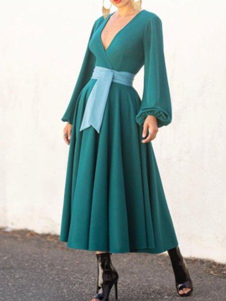 

Elegant Solid V Neck Long Sleeve Dresse, Green, Maxi Dresses