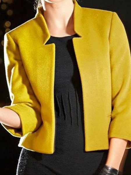 

Stand Collar Solid Long Sleeve Jacket, Yellow, Blazers
