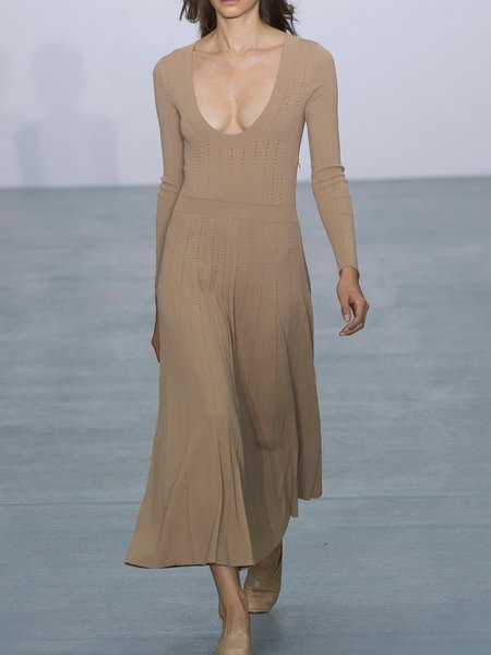 

Regular Fit U-Neck Solid Lady Sweater Dress, Khaki, Maxi Dresses
