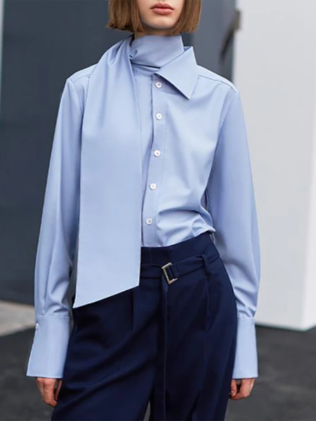 

Shirt Collar Long sleeve Solid Elegant Shirt, Blue, Blouses and Shirts