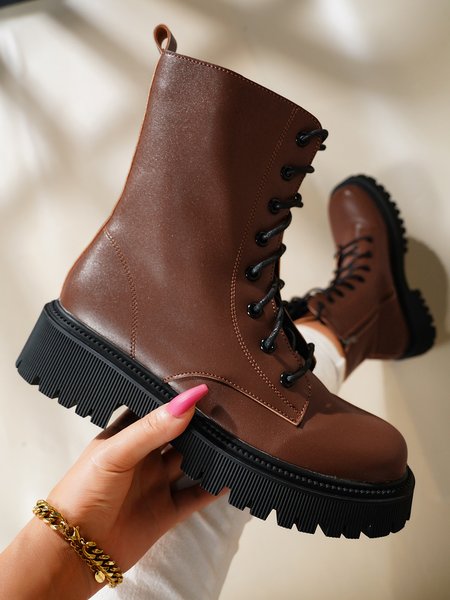

Simple Plain Zipper Martin Boots, Brown, Boots