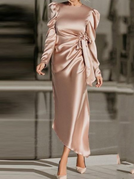 

Elegant Solid Crew Neck Satin Dress, Pink, Maxi Dresses