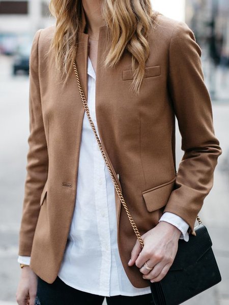 

Elegant Long sleeve Solid Regular fit Outerwear, Khaki, Blazers